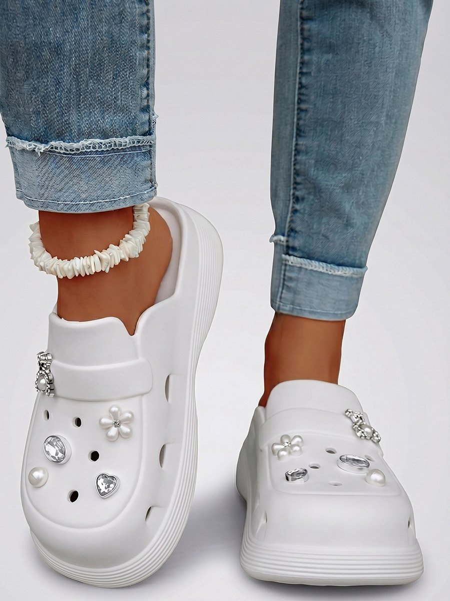 White Embellished Slides Clogs