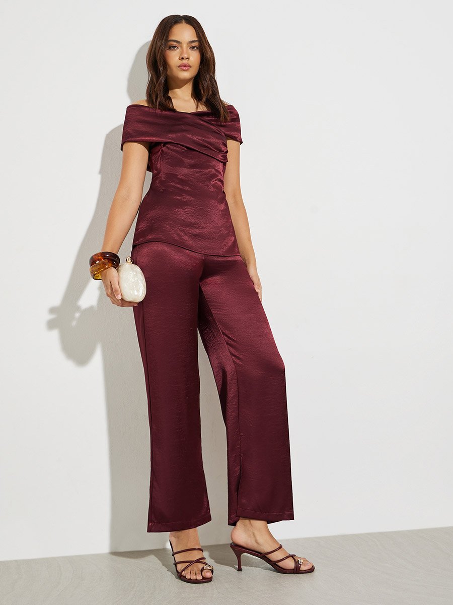 Burgundy Satin Off-Shoulder Blouse