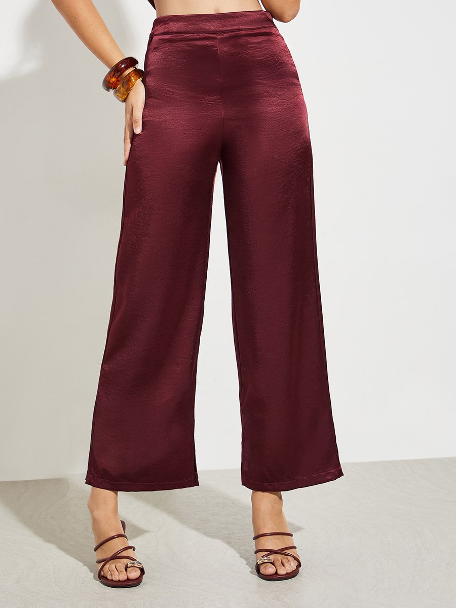 Burgundy Satin Wide Leg Trousers