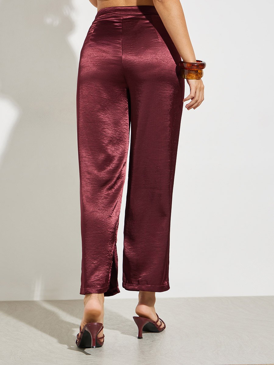 Burgundy Satin Wide Leg Trousers