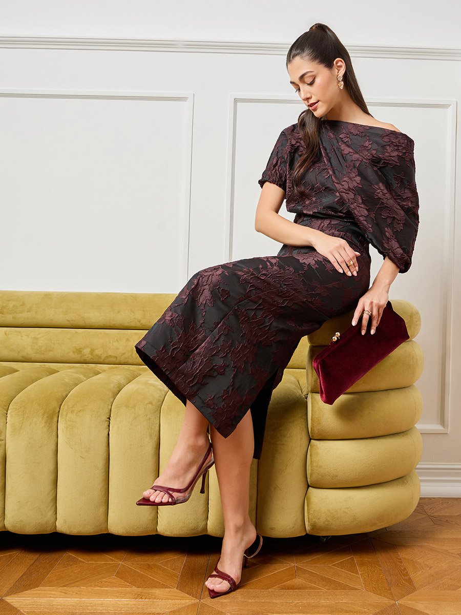 Black Floral Jacquard Midi Dress
