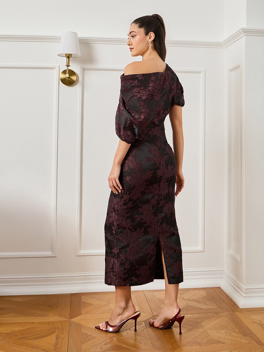 Black Floral Jacquard Midi Dress