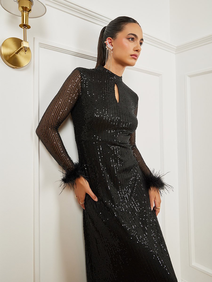 Black Sequin Embellished Feather Trim Maxi Dress For Women at Bahrain | Styli Black Sequin Embellished Feather Trim Maxi Dress For Women at Bahrain | Styli