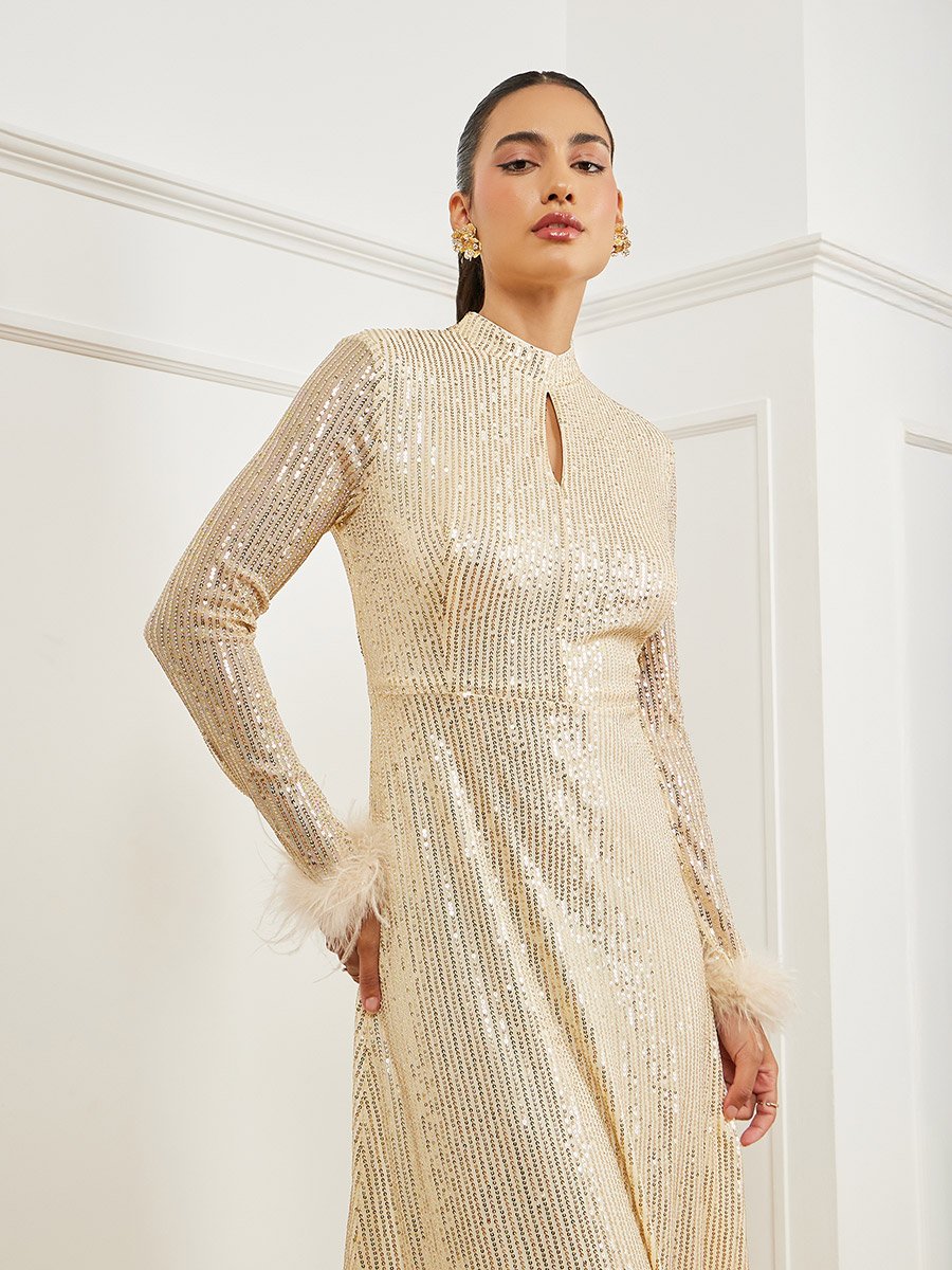 Gold Sequin Embellished Feather Trim Maxi Dress For Women at Bahrain | Styli Gold Sequin Embellished Feather Trim Maxi Dress For Women at Bahrain | Styli