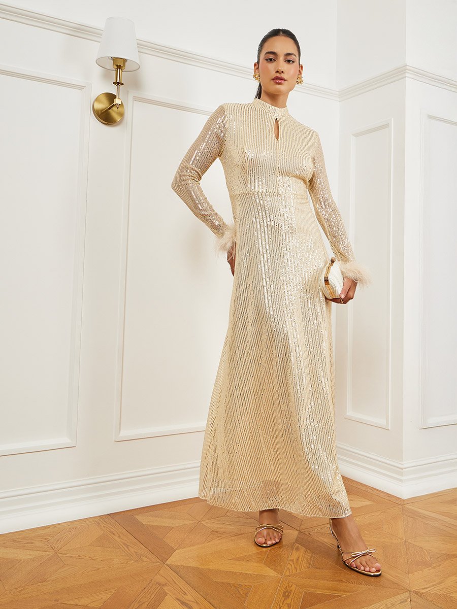 Gold Sequin Embellished Feather Trim Maxi Dress
