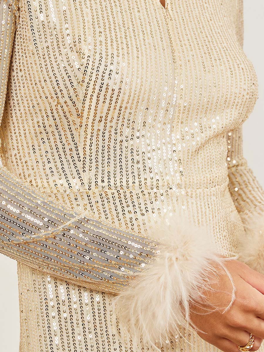 Gold Sequin Embellished Feather Trim Maxi Dress