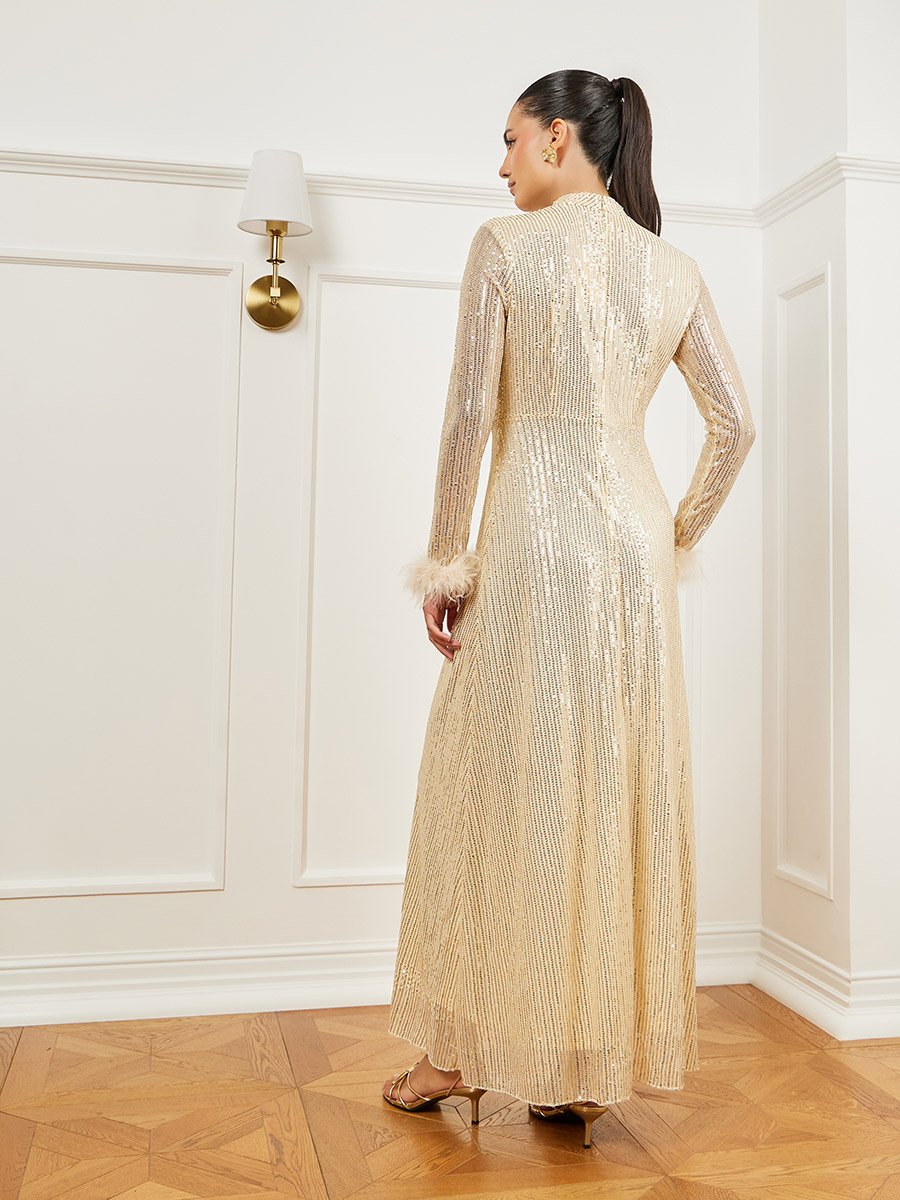 Gold Sequin Embellished Feather Trim Maxi Dress For Women at Qatar | Styli Gold Sequin Embellished Feather Trim Maxi Dress For Women at Qatar | Styli