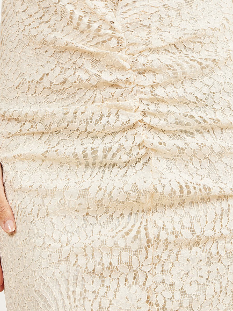 Cream Lace Long Sleeve Ruched Maxi Dress