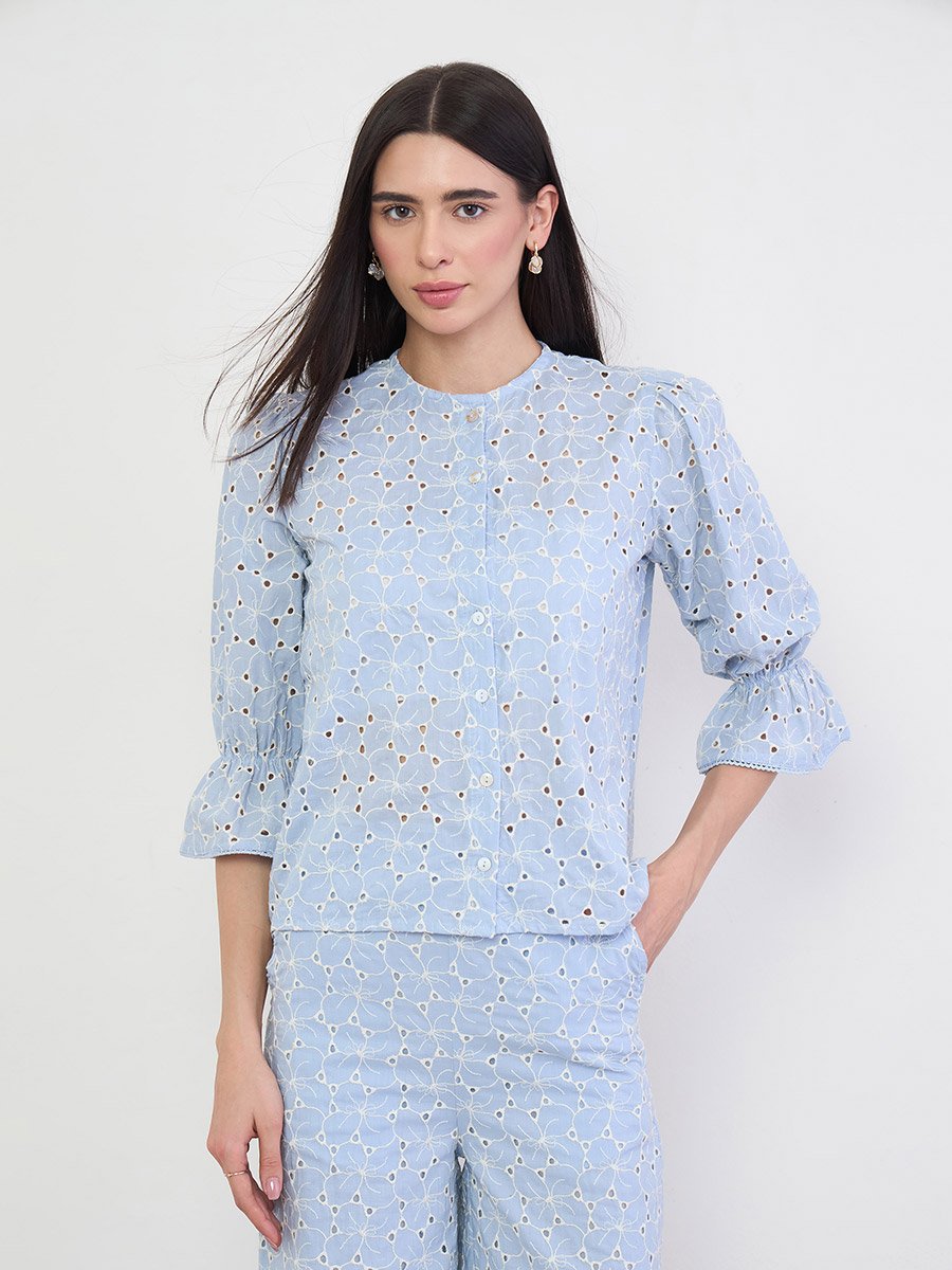 Blue Schiffli Embroidered Button Front Top 