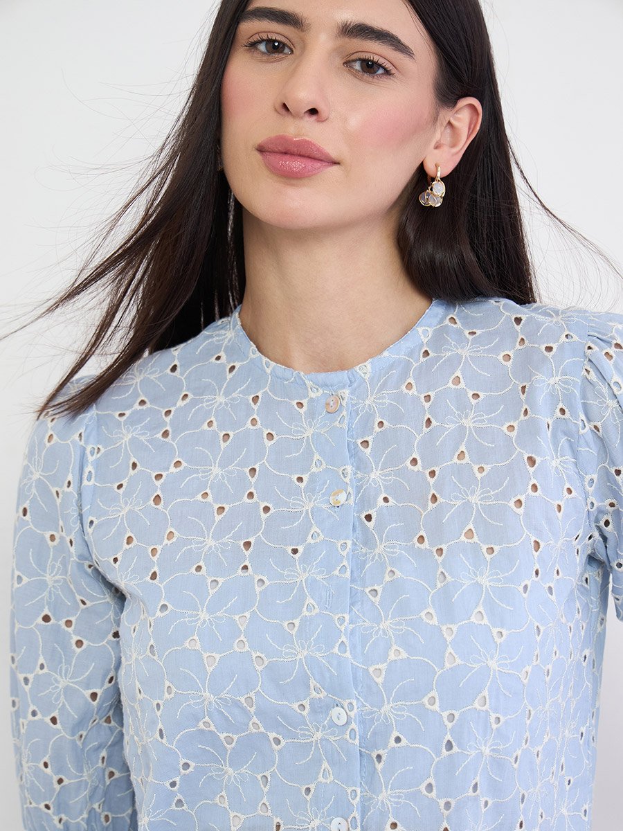 Blue Schiffli Embroidered Button Front Top 