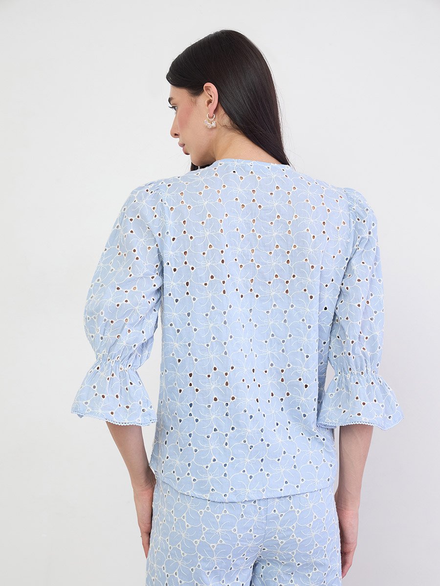 Blue Schiffli Embroidered Button Front Top 