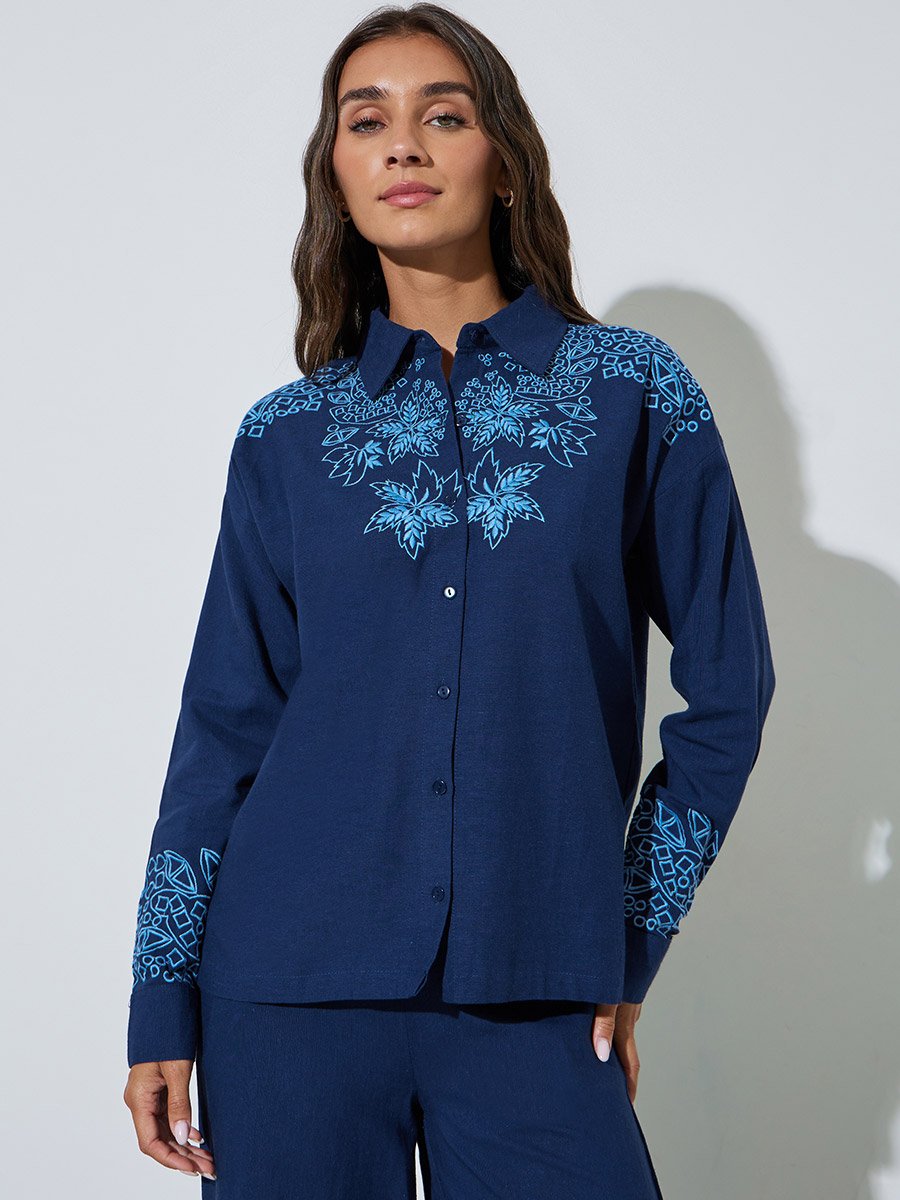 Navy Blue Embroidered Long Sleeve Relaxed Fit Shirt