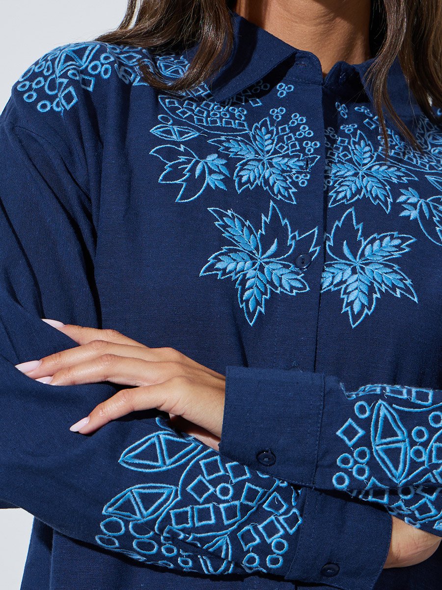 Navy Blue Embroidered Long Sleeve Relaxed Fit Shirt