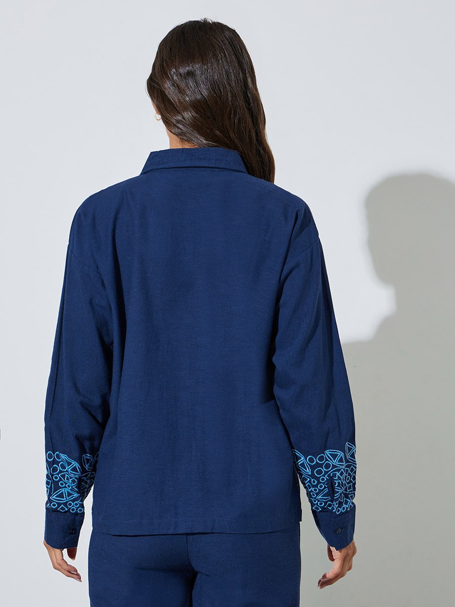 Navy Blue Embroidered Long Sleeve Relaxed Fit Shirt