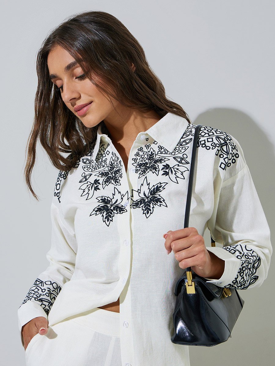 Off White Embroidered Long Sleeve Relaxed Fit Shirt