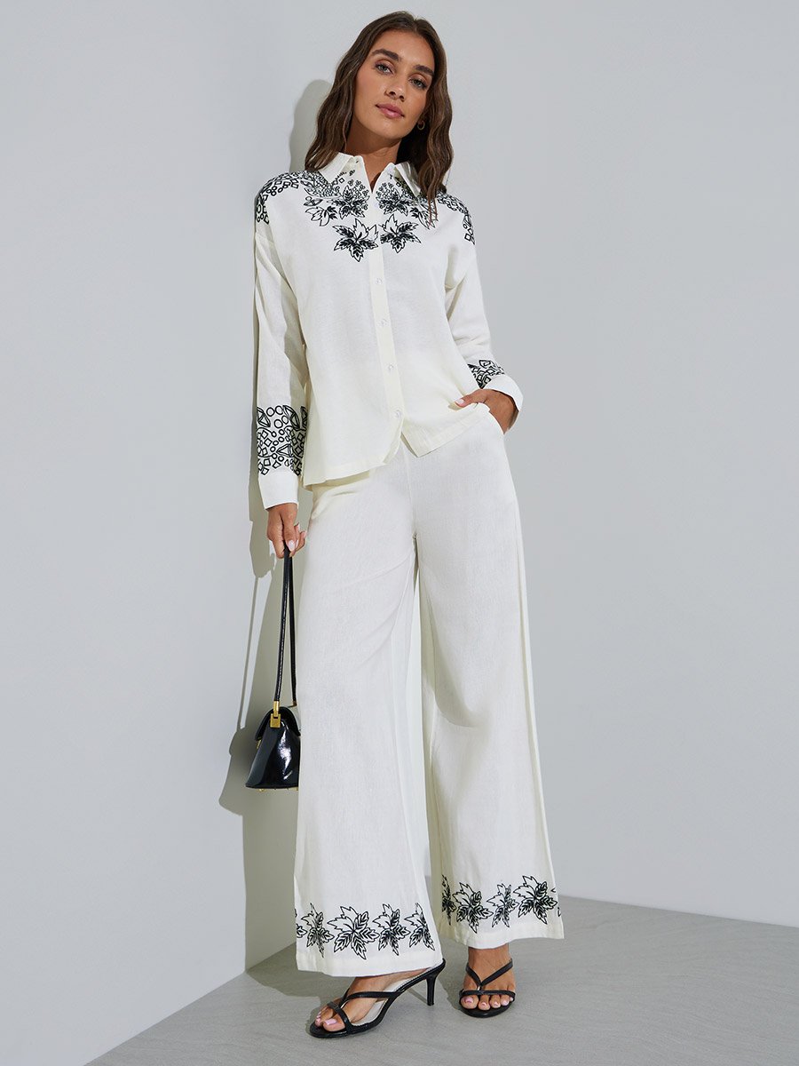 Off White Embroidered Long Sleeve Relaxed Fit Shirt