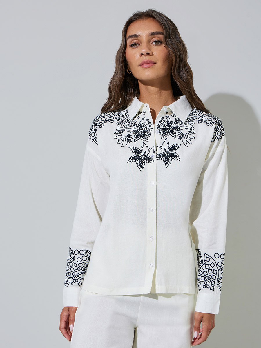 Off White Embroidered Long Sleeve Relaxed Fit Shirt