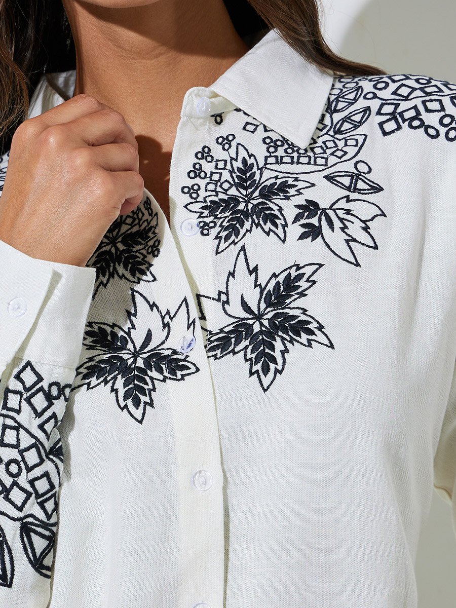 Off White Embroidered Long Sleeve Relaxed Fit Shirt