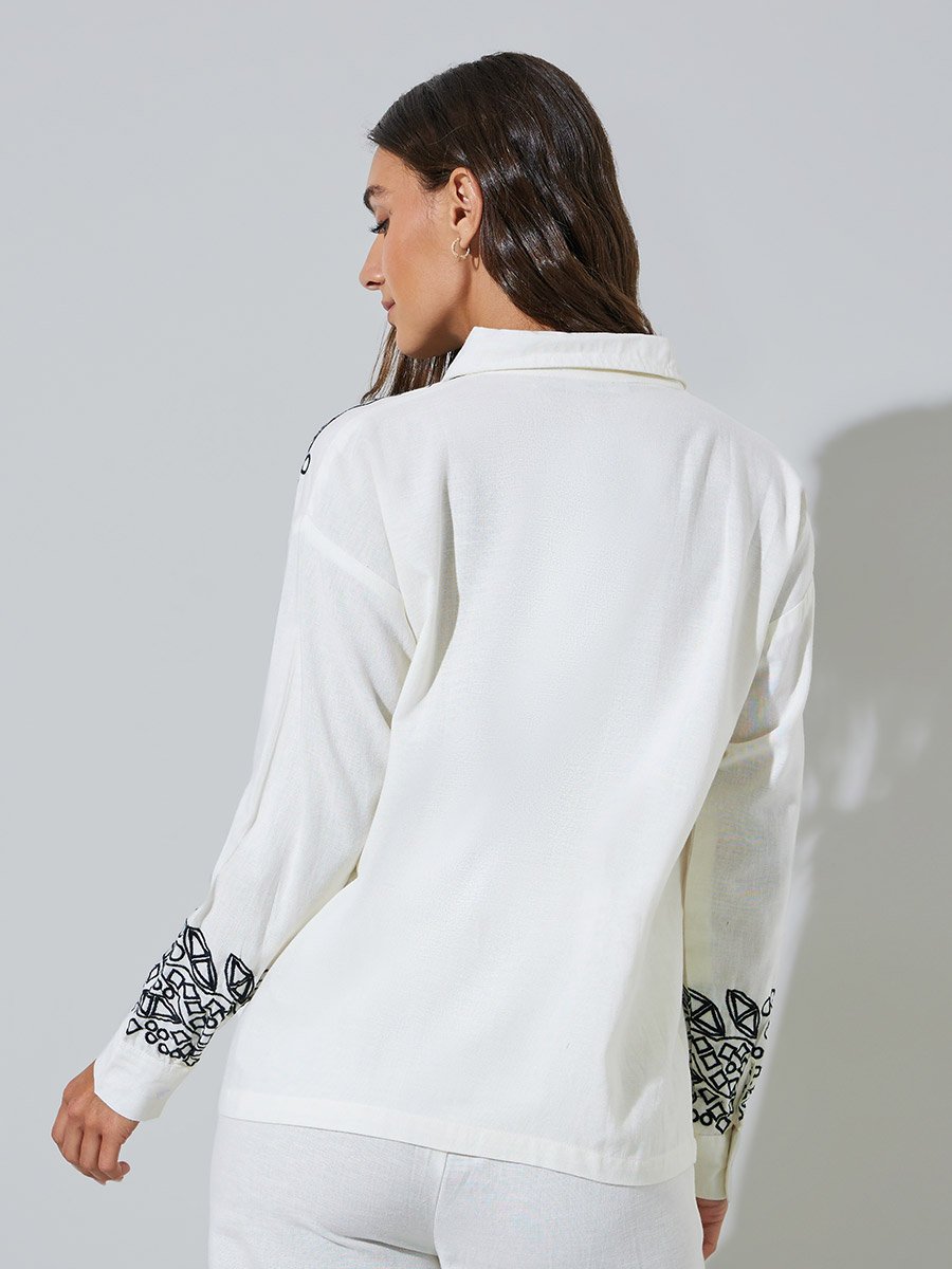 Off White Embroidered Long Sleeve Relaxed Fit Shirt