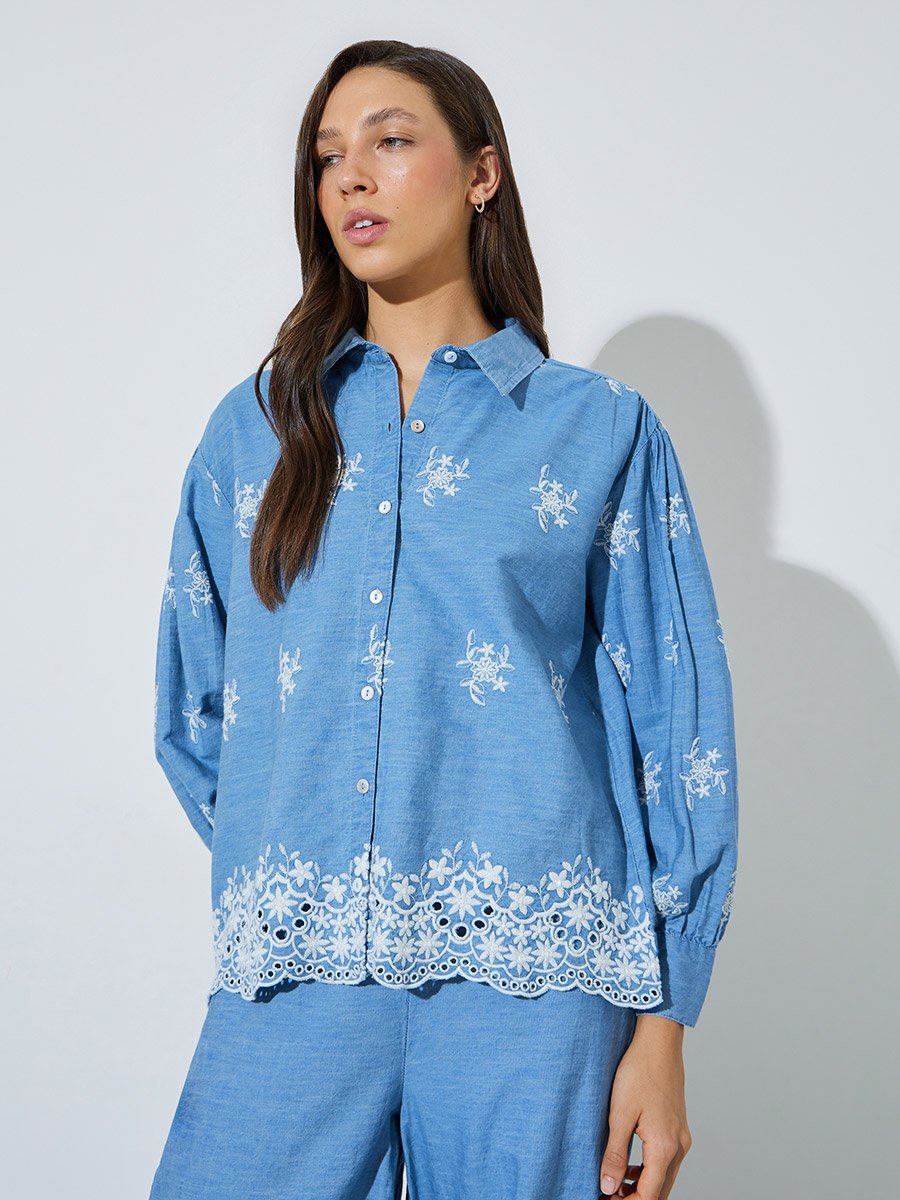 Blue Cotton Embroidered Boxy Fit Shirt