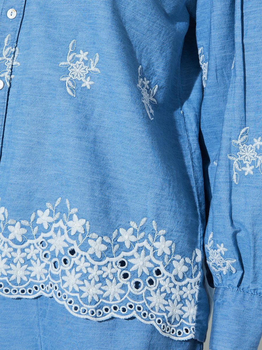 Blue Cotton Embroidered Boxy Fit Shirt