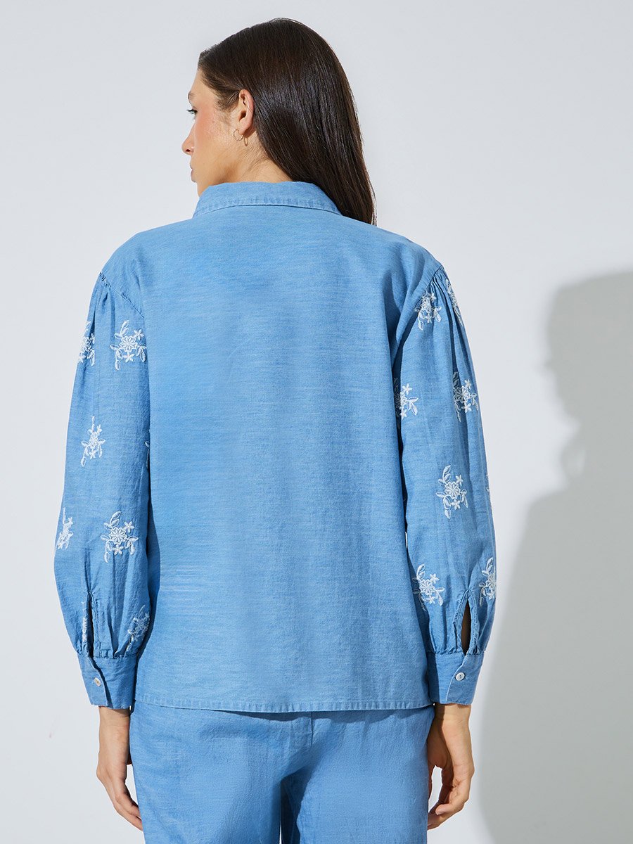 Blue Cotton Embroidered Boxy Fit Shirt