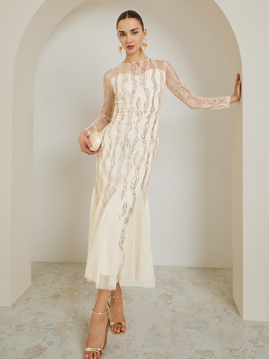 Cream Sequin Mesh Insert Maxi Dress