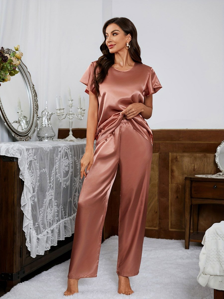 Satin Solid Short Sleeve Top and Pyjama Set