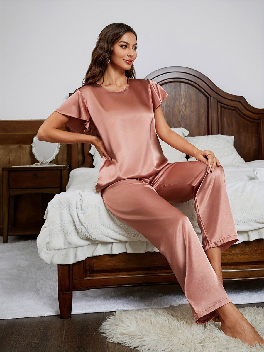 Satin Solid Short Sleeve Top and Pyjama Set