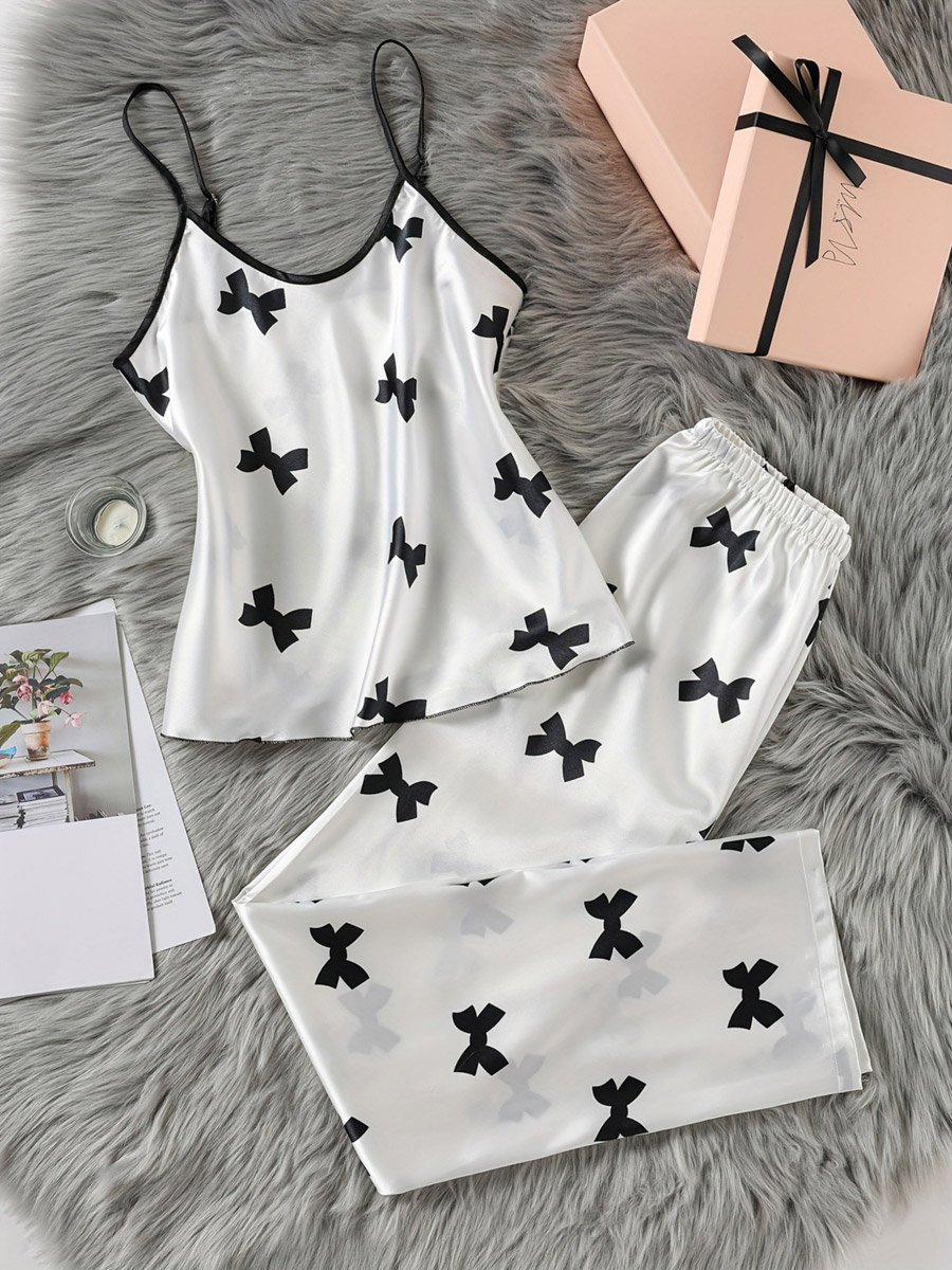 White Satin Bow Print Cami and Pyjama Set