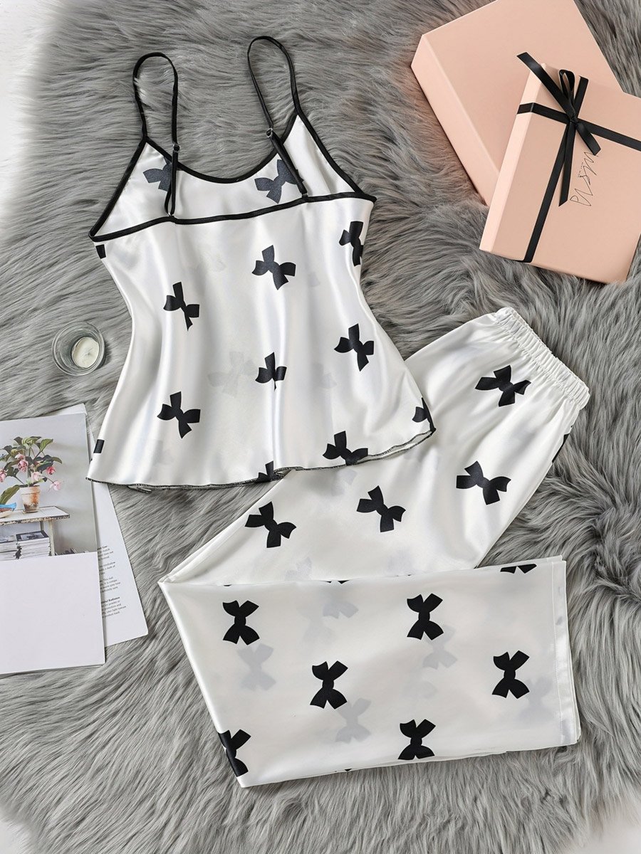 White Satin Bow Print Cami and Pyjama Set
