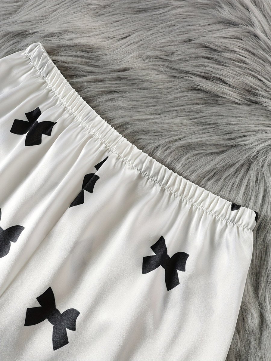 White Satin Bow Print Cami and Pyjama Set