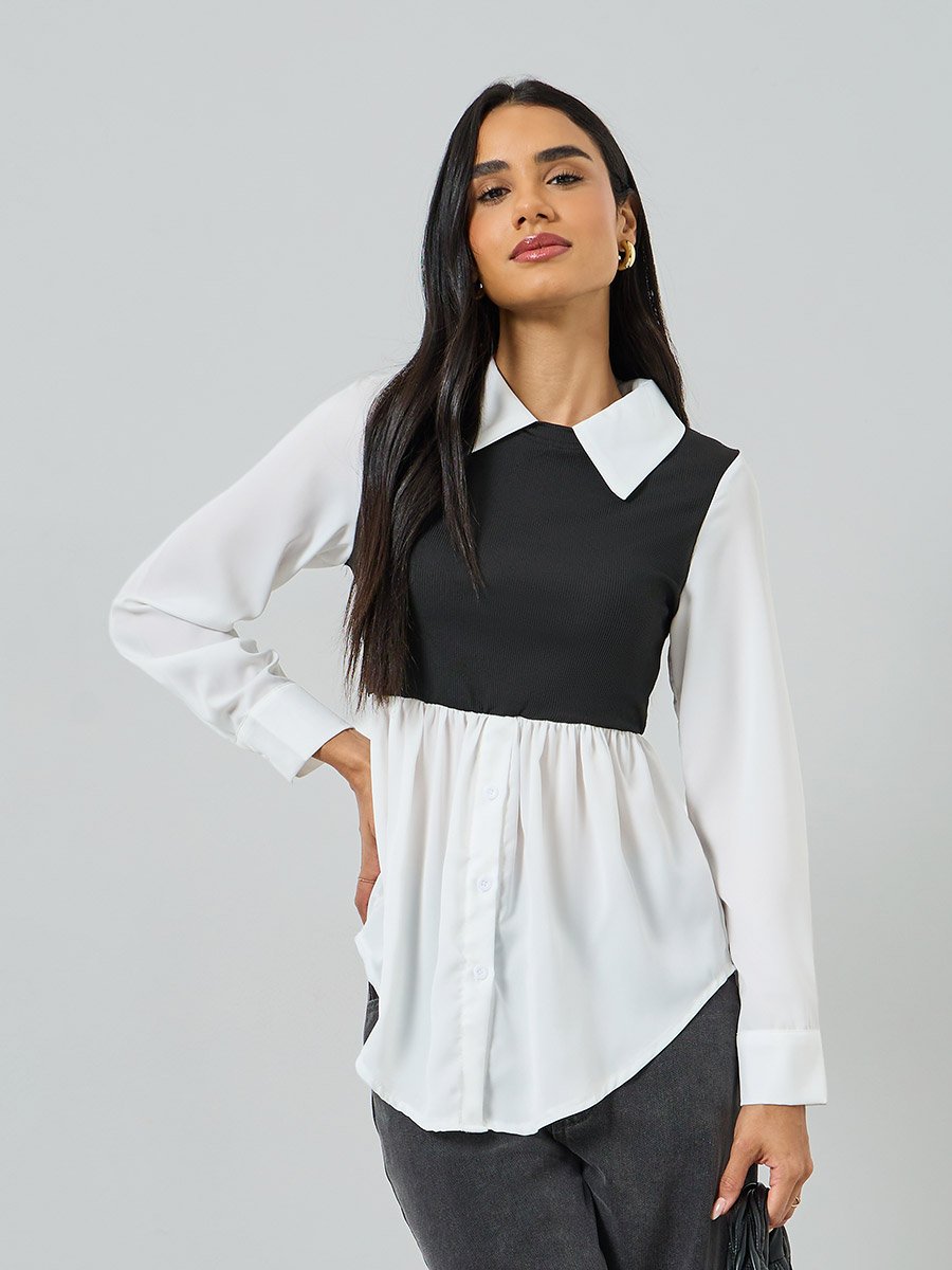White Color Block Long Sleeve Top