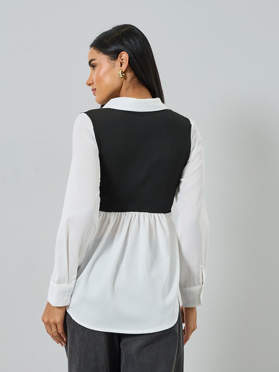 White Color Block Long Sleeve Top