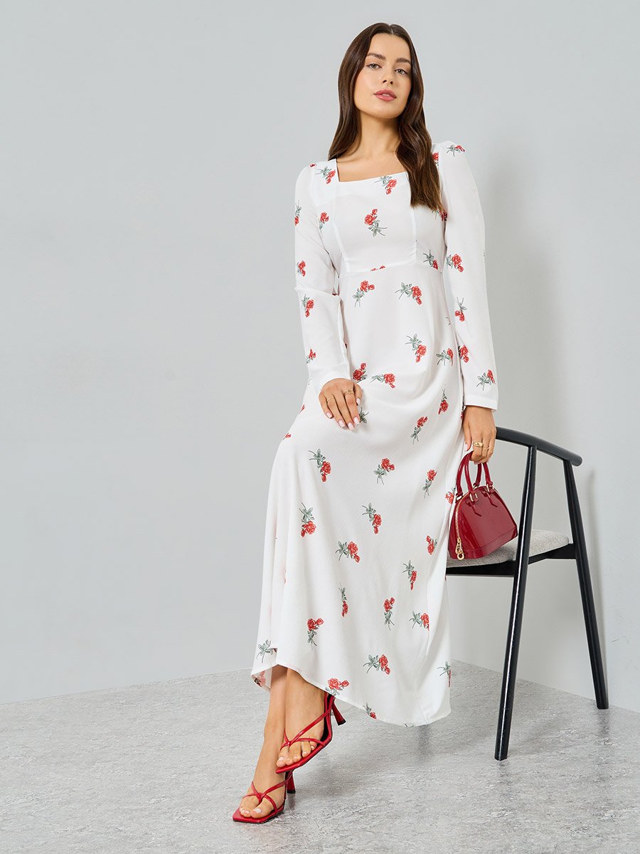 White Floral Print Long Sleeve Maxi Dress