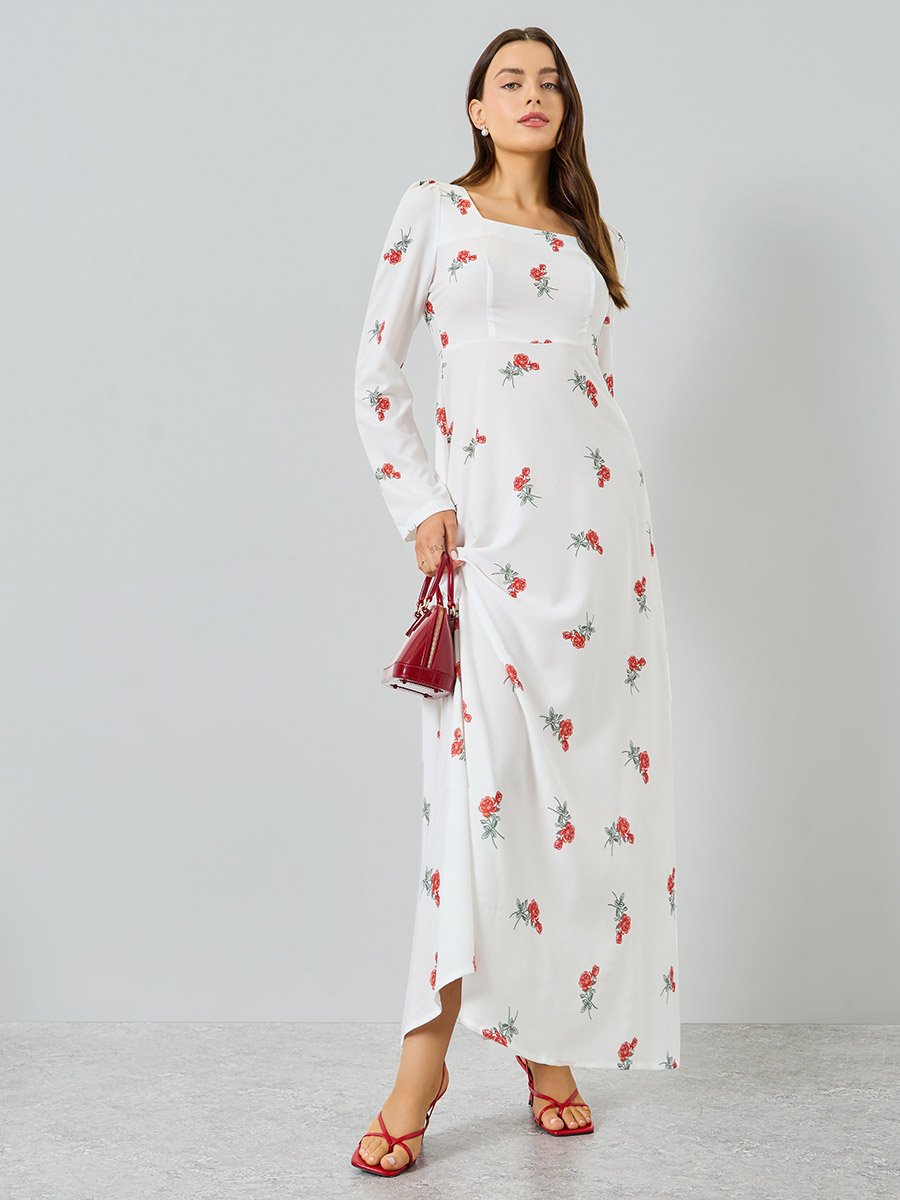 White Floral Print Long Sleeve Maxi Dress