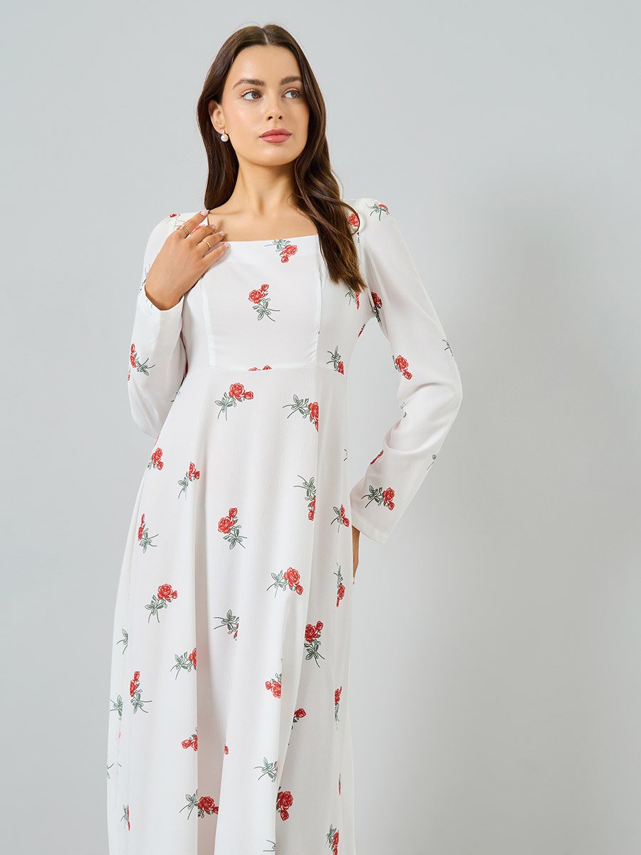White Floral Print Long Sleeve Maxi Dress