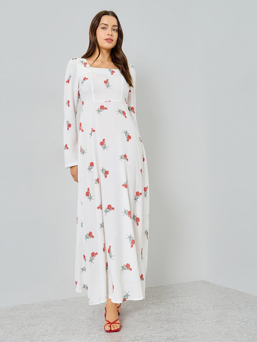 White Floral Print Long Sleeve Maxi Dress