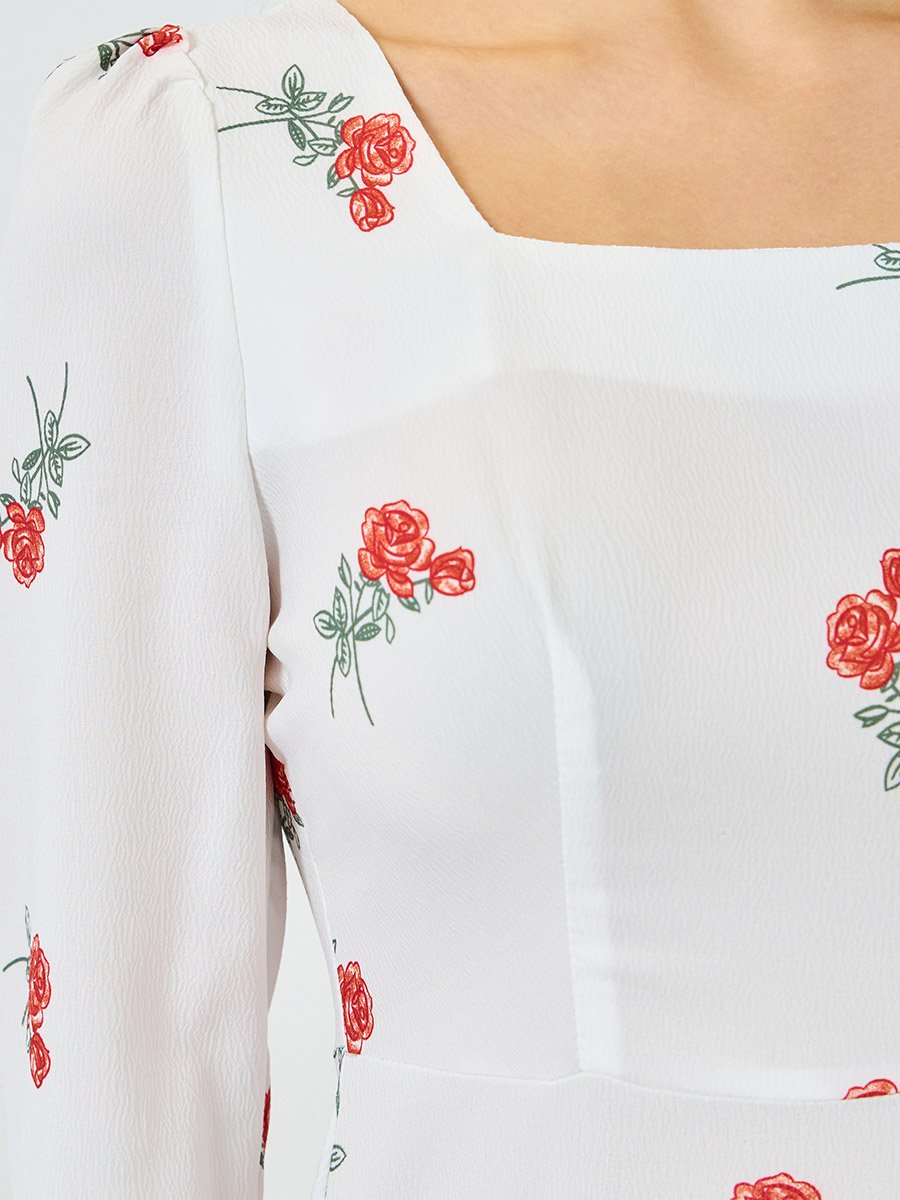 White Floral Print Long Sleeve Maxi Dress