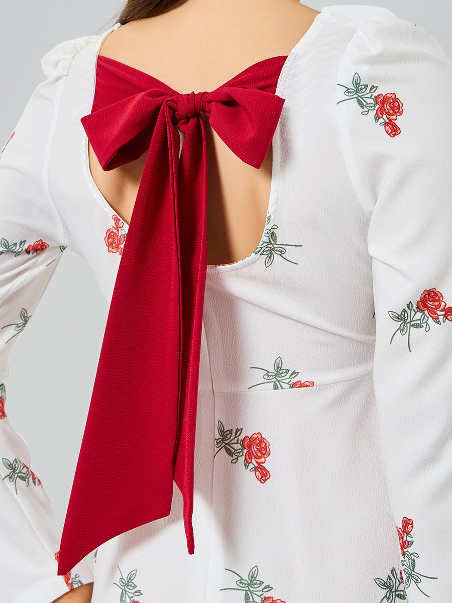 White Floral Print Long Sleeve Maxi Dress