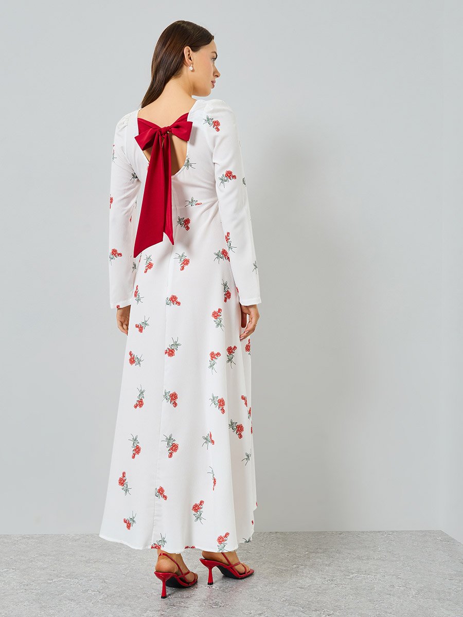 White Floral Print Long Sleeve Maxi Dress