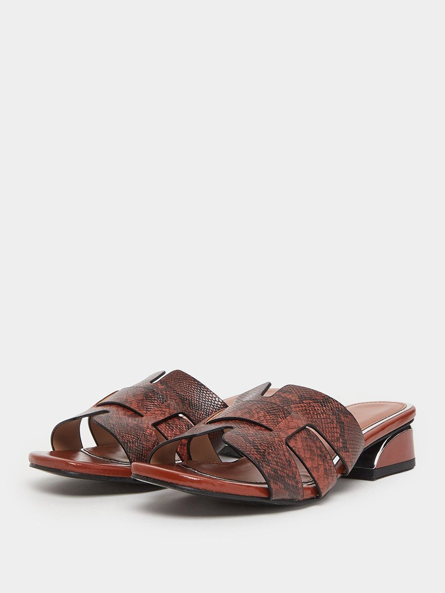 Women Brown Snake Skin Print Block Heel Sandals