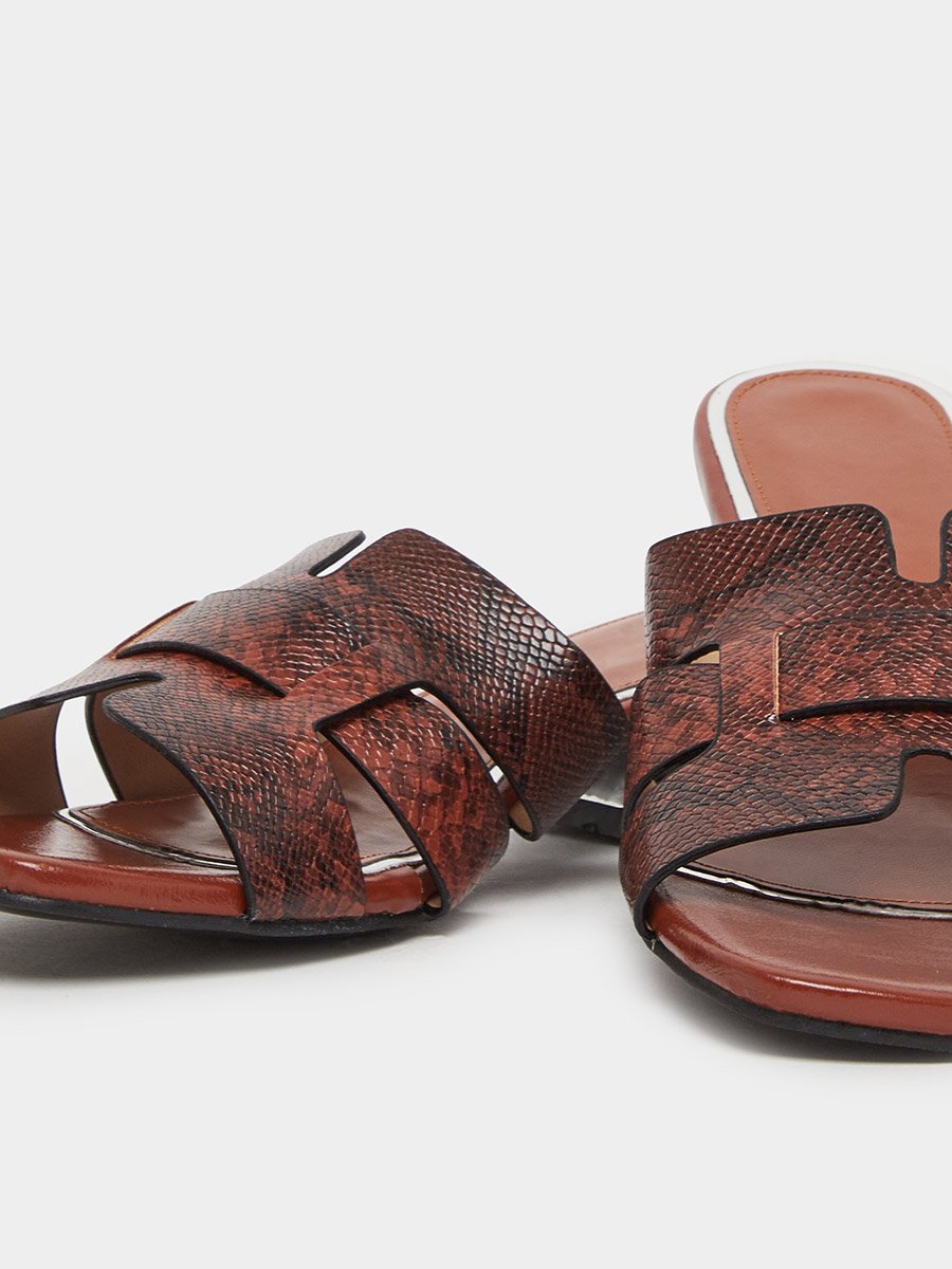Women Brown Snake Skin Print Block Heel Sandals