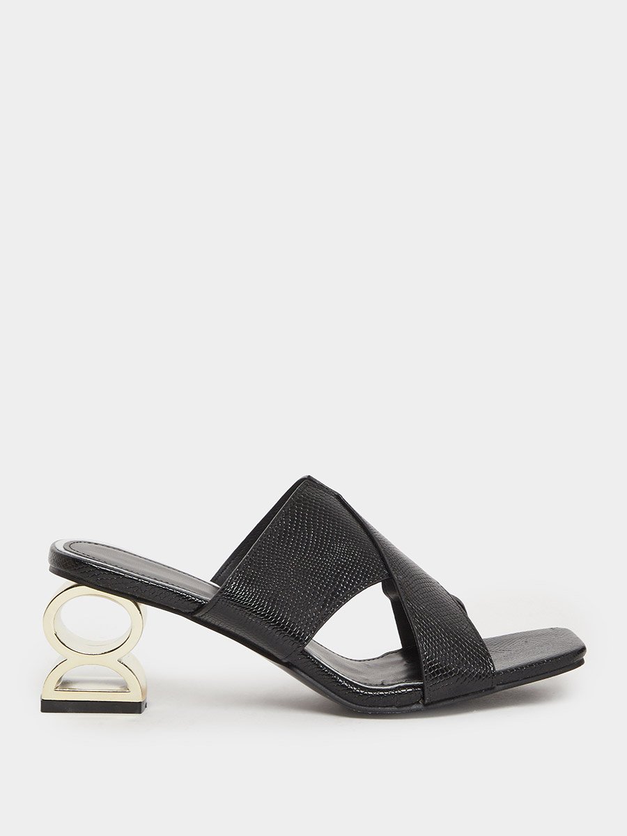 Women Black Textured Mid-Heel Sandals