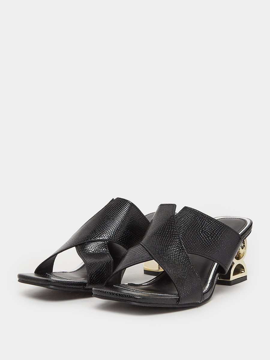 Women Black Textured Mid-Heel Sandals