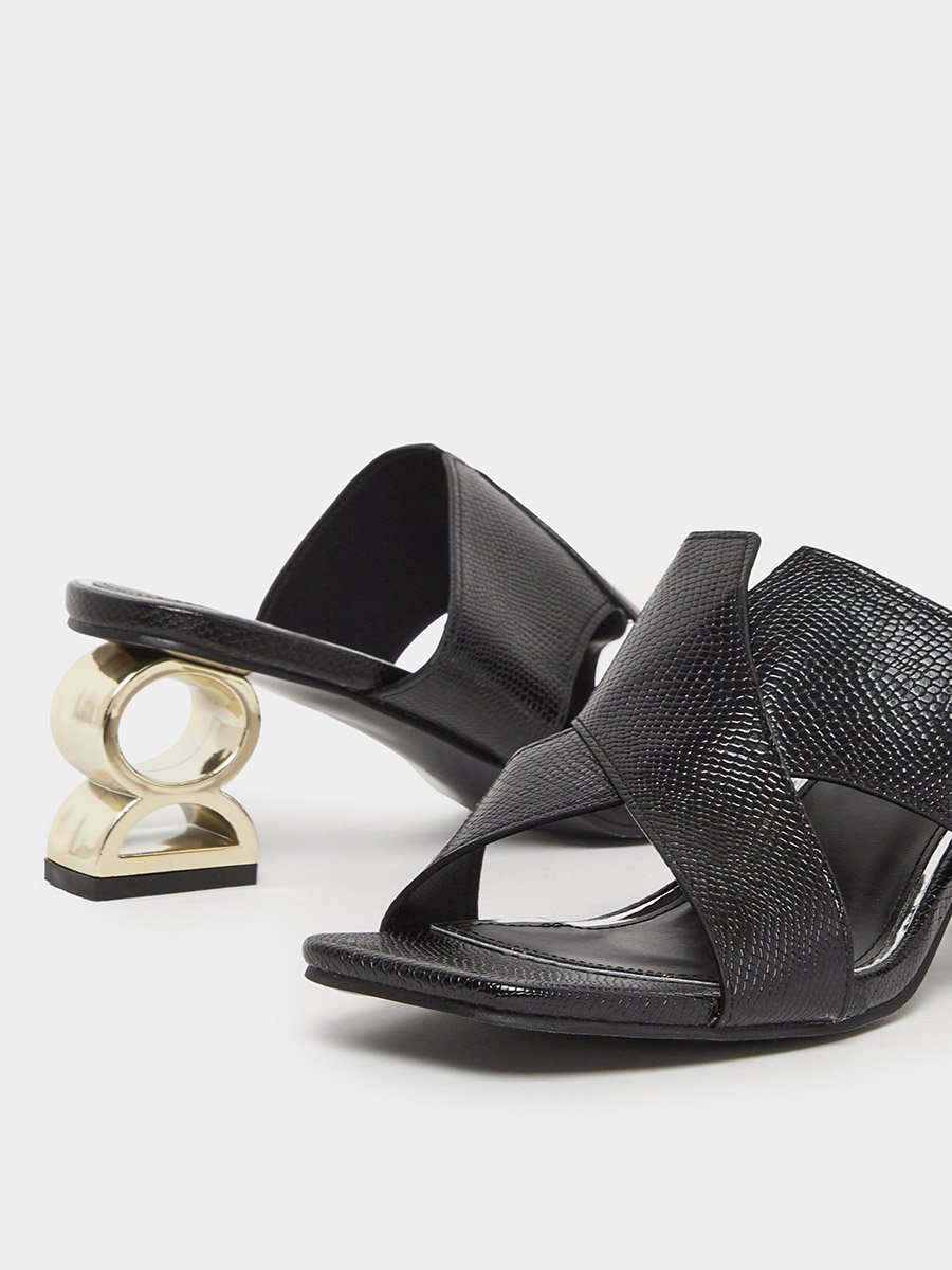 Women Black Textured Mid-Heel Sandals