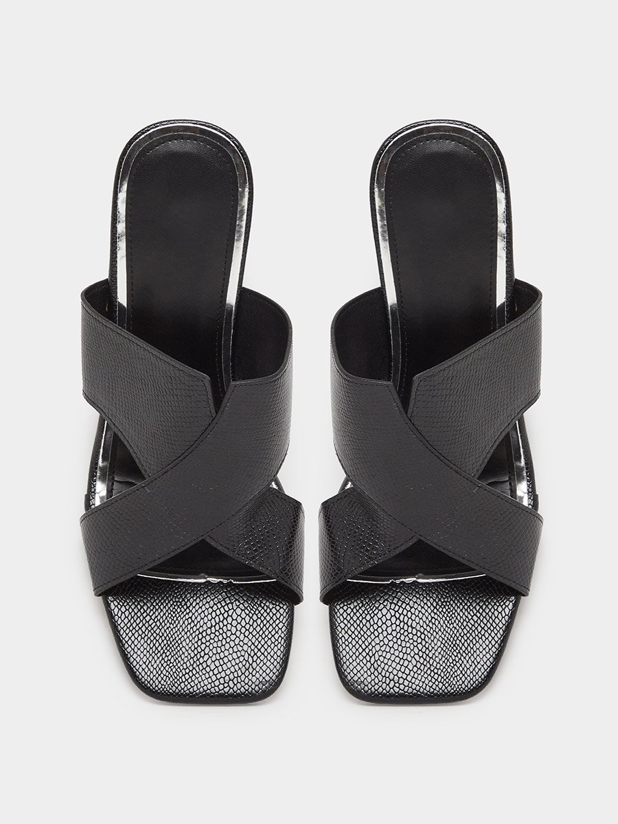 Women Black Textured Mid-Heel Sandals