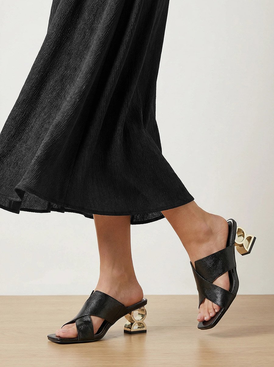 Women Black Textured Mid-Heel Sandals