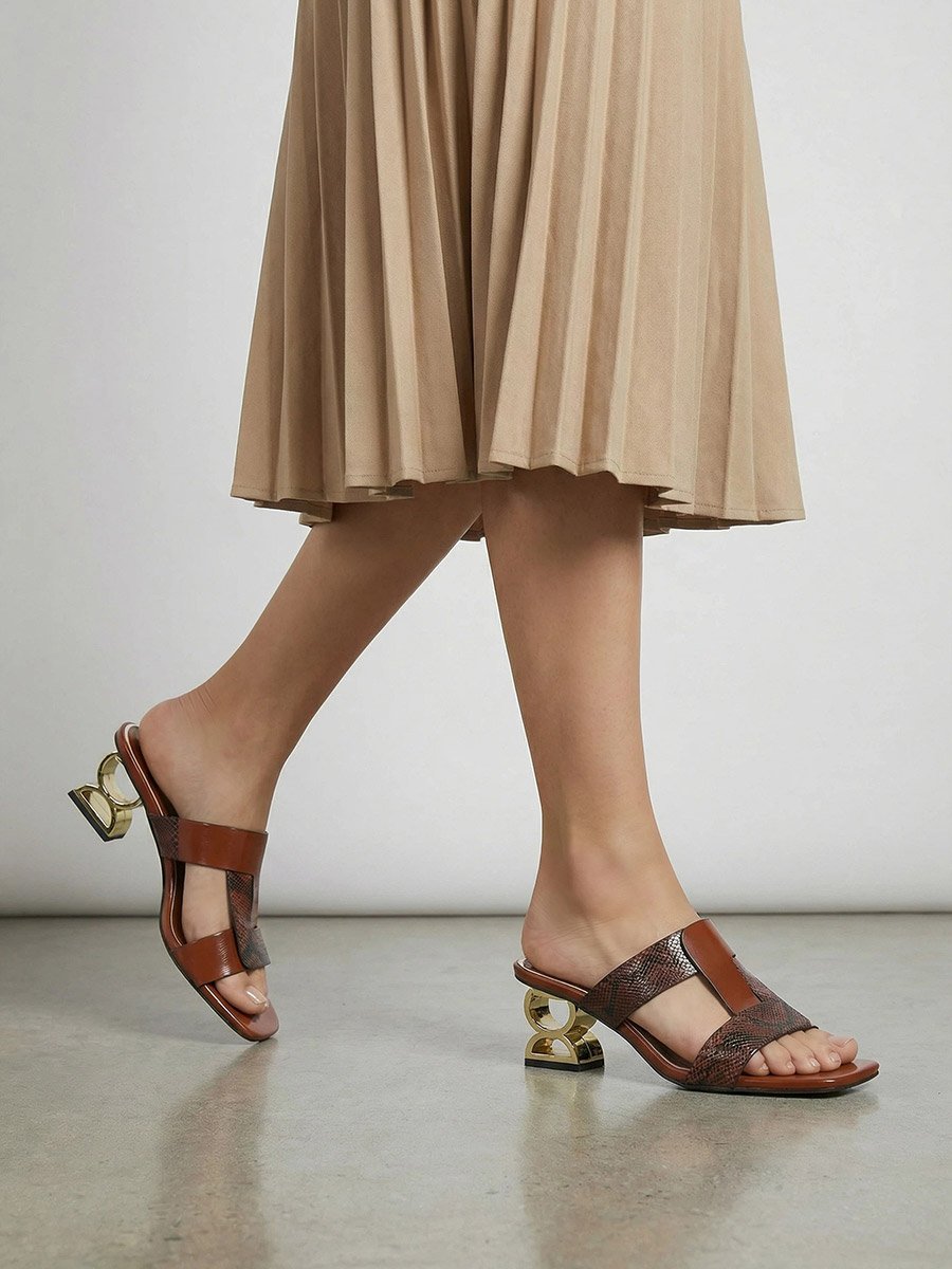 Women Snake Skin Print Mid-Heel Sandals