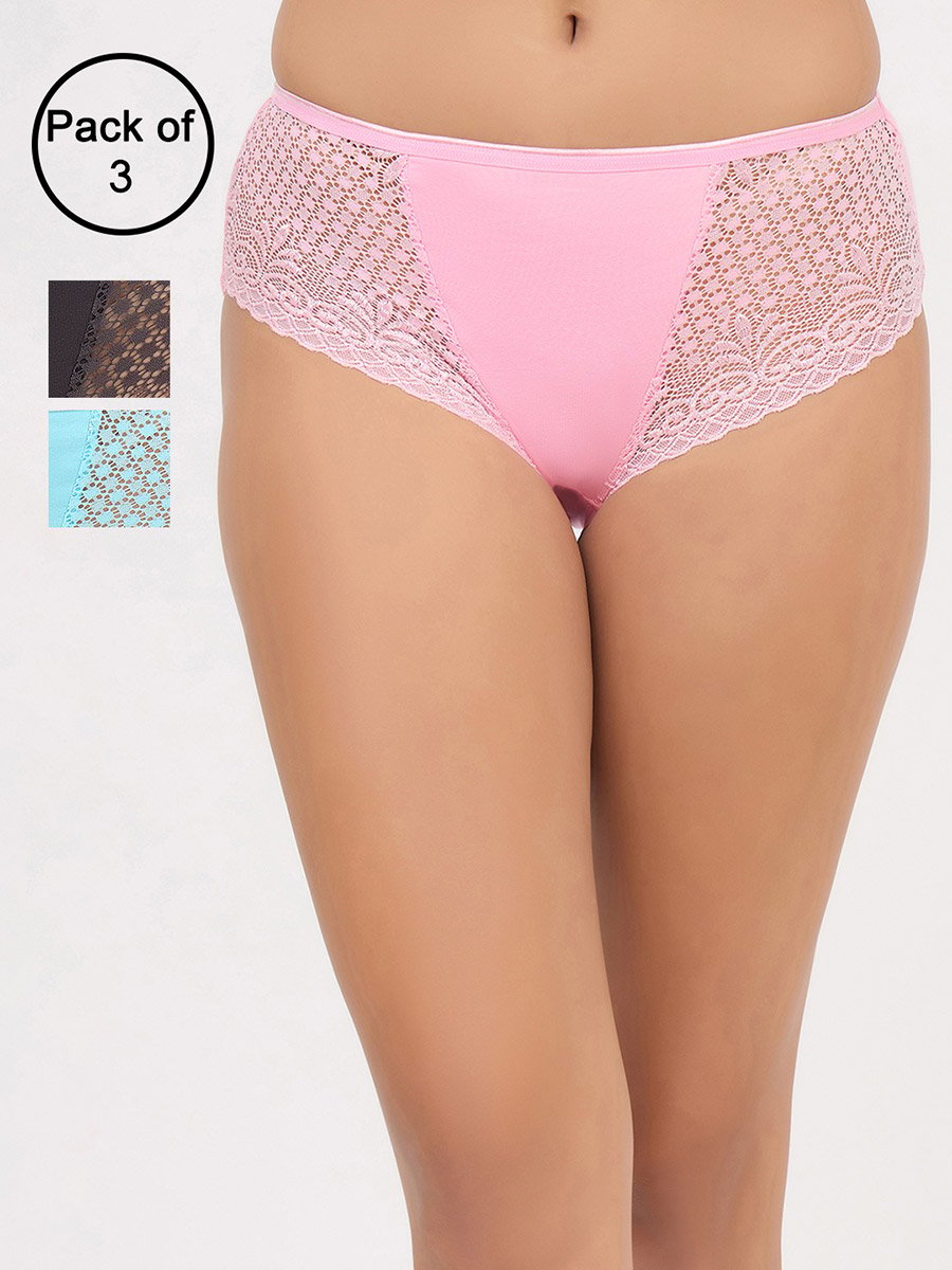 Pack of 3-Mid Waist Hipster Panties with Lace Wings - Cotton